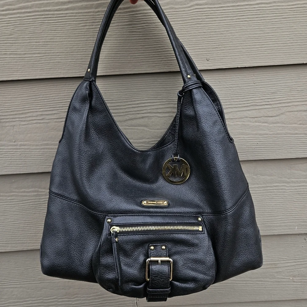 Michael Kors Austin Large Black Hobo Shoulder Bag Purse Full-Grain Leather